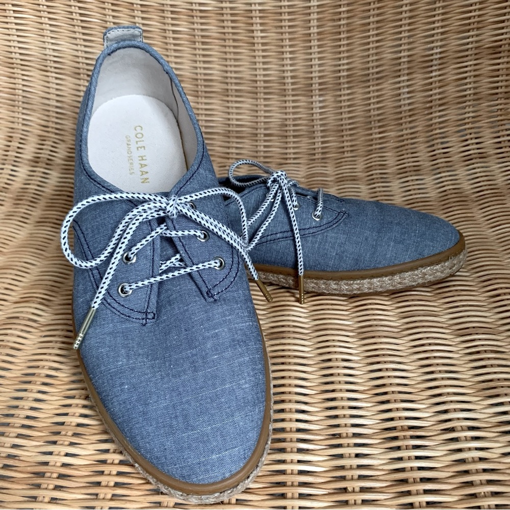 Cole Haan Grand Series Blue Chambray Sneakers with Jute, 9.5, Last Chance Sale